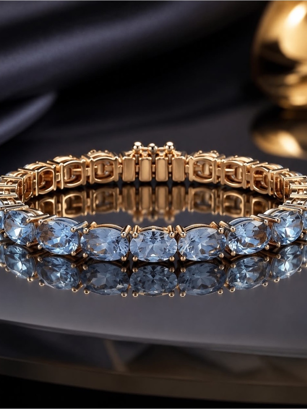 Blue Crystal Bracelet Gold Tone Oval Rhinestones Magnetic Clasp Elegant - Picture 2 of 6